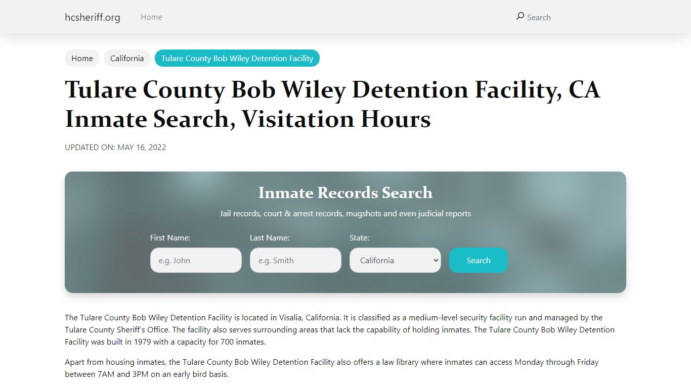 Tulare County Bob Wiley Detention Facility, CA Inmate ...